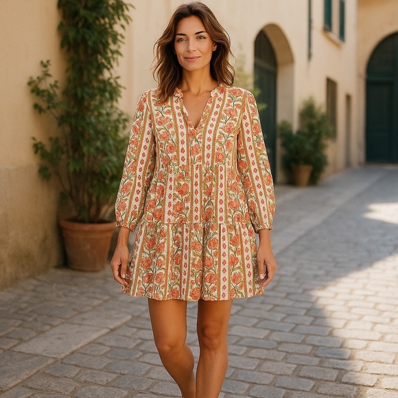 Japna Orange and Cream Floral Mini Dress - Picture 1 of 6